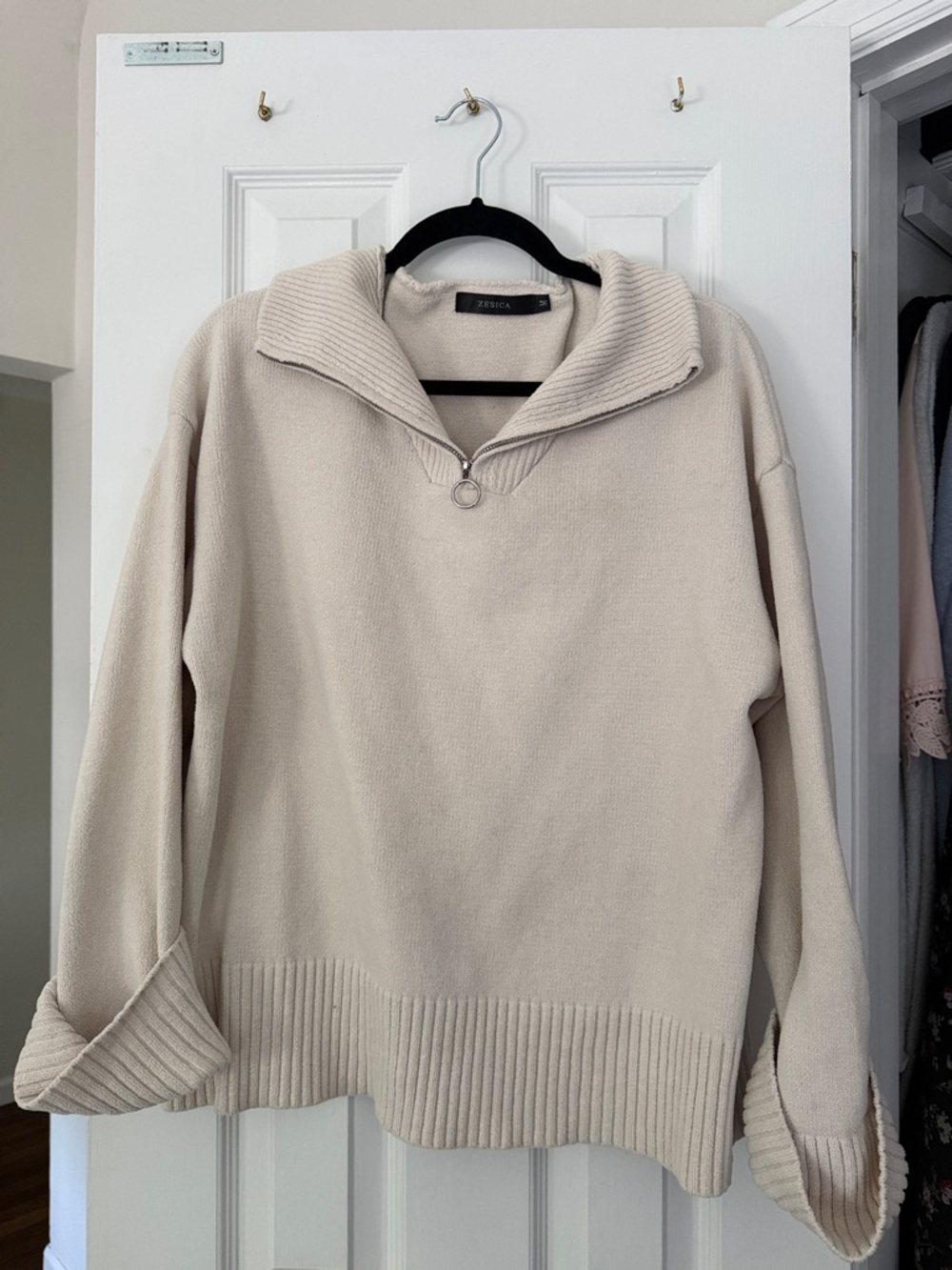 Cream Half-Zip Ribbed Collar Sweater with Cuffed Sleeves